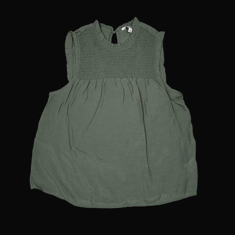 Nanette Lepore Womens Olive Green Smocked Ruffle Sleeveless Blouse Size L